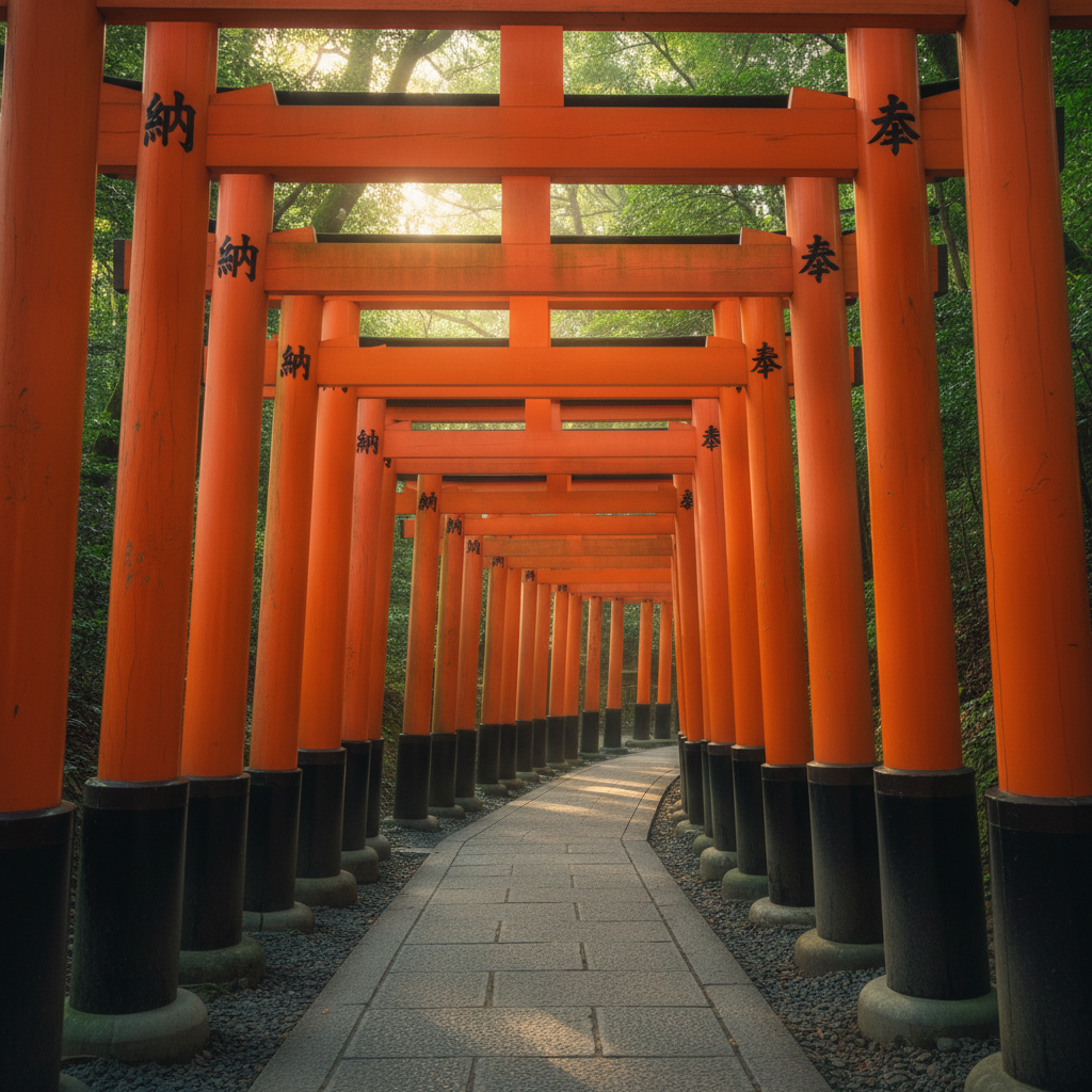 교토 후시미 이나리 신사의 끝없이 이어지는 붉은 토리이 터널을 따라 비치는 부드러운 아침 햇살과 주변의 울창한 초록빛 숲이 어우러진 시네마틱한 풍경
