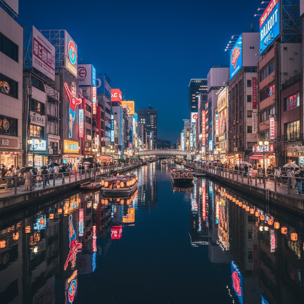 밤이 찾아온 오사카 도톤보리의 화려한 네온사인과 글리코상이 강물에 반사되어 반짝이는 역동적이고 선명한 도시의 야경