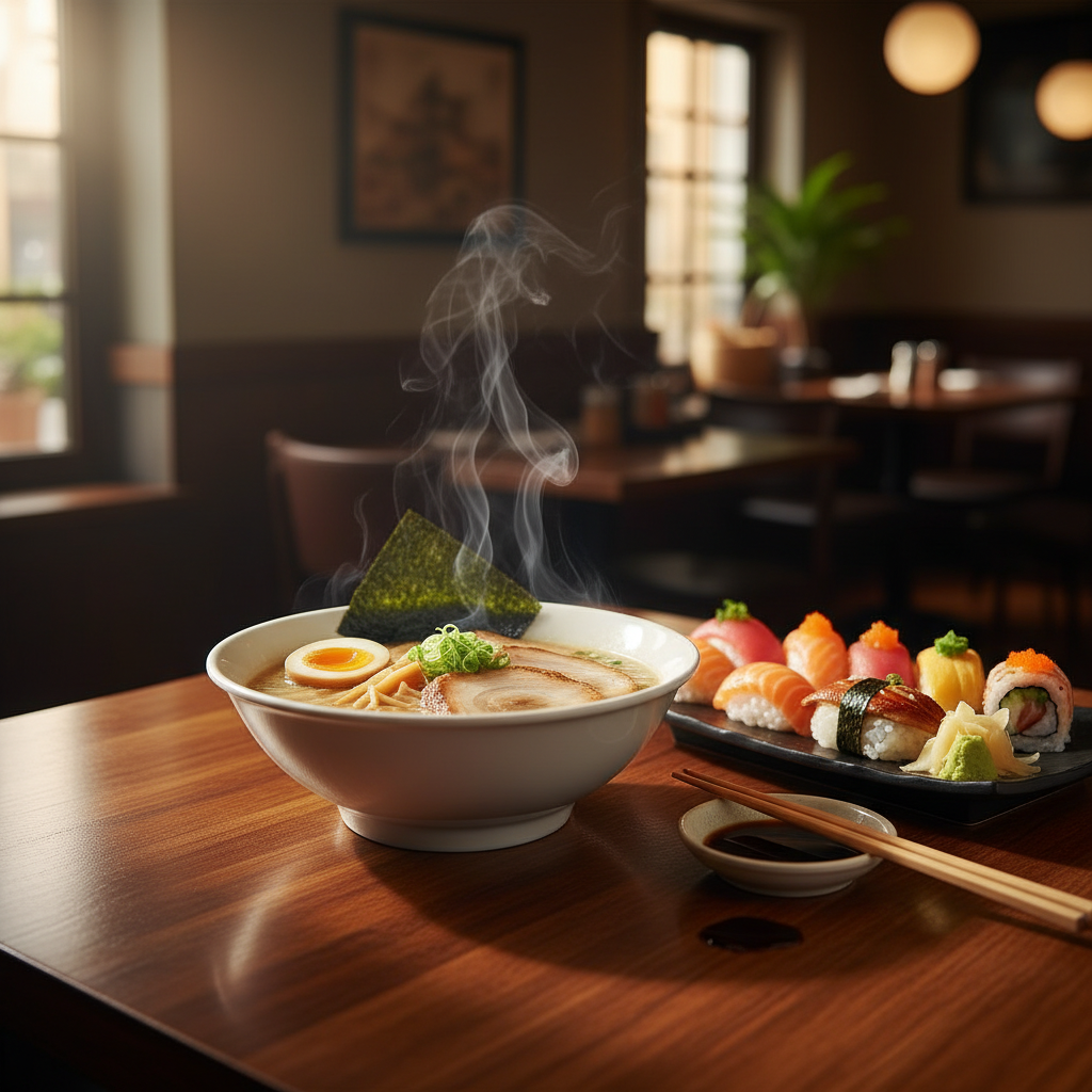 김이 모락모락 나는 정갈한 일본식 라멘 한 그릇과 신선한 초밥 세트가 나무 테이블 위에 놓인 따뜻하고 감성적인 미식 사진