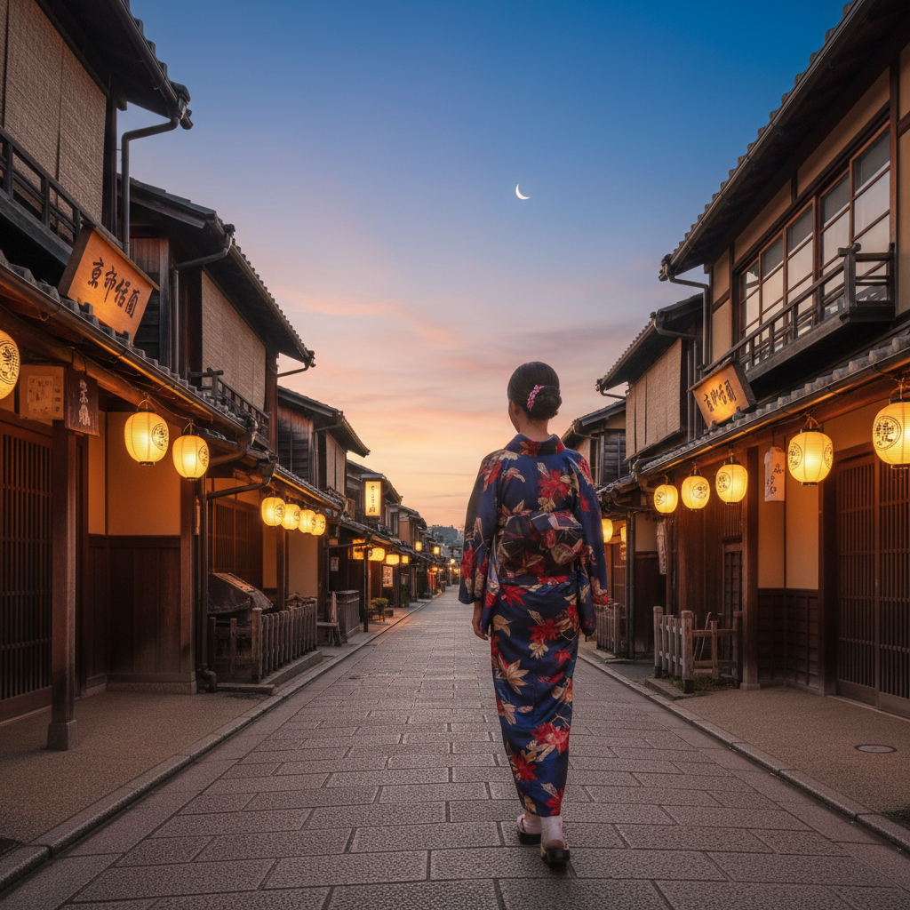 전통적인 목조 건물이 보존된 교토 기온 거리의 해 질 녘 풍경과 은은하게 켜진 등불 아래를 걷는 기모노 차림의 뒷모습