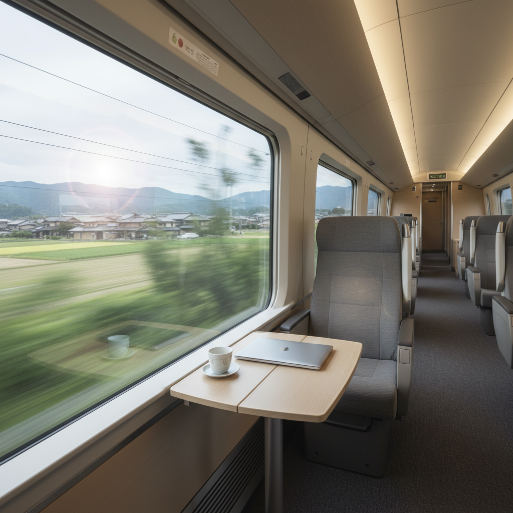 창밖으로 일본의 푸른 시골 마을 풍경이 빠르게 지나가는 깨끗하고 현대적인 신칸센 내부의 미니멀한 감성 사진