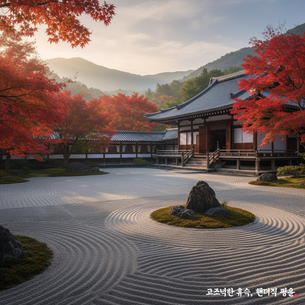 정교하게 가꾸어진 제트 가든의 모래 패턴과 선명한 붉은 단풍나무가 조화를 이루는 일본 사찰의 고요하고 정적인 분위기